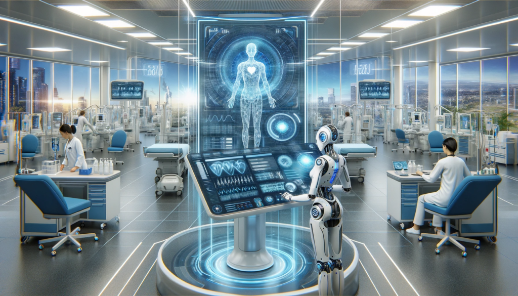 DALL·E 2024 01 16 18.18.27 A futuristic digital illustration showcasing AI in healthcare in landscape mode. The scene includes a wide view of a high tech hospital room with larg