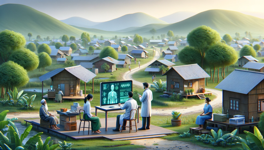DALL·E 2024 01 29 00.48.55 A serene scene depicting a small group of doctors in a developing country utilizing AI for healthcare set in landscape mode. This rural clinic with