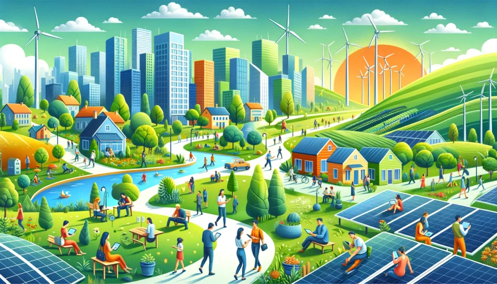 DALL·E 2024 02 28 16.42.49 A landscape depicting the theme of impact investing with a vibrant sustainable city on one side featuring people actively using mobile devices to m