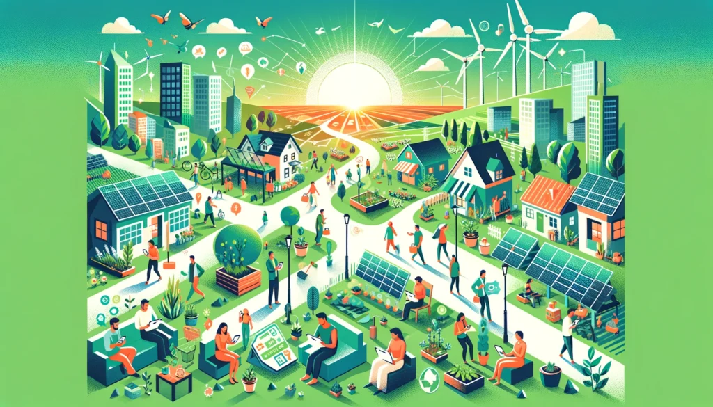DALL·E 2024 02 28 16.42.55 A landscape depicting the theme of impact investing with a vibrant sustainable city on one side featuring people actively using mobile devices to m