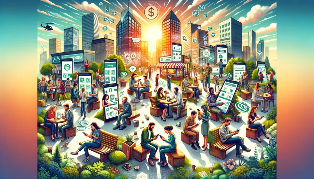 DALL·E 2024 02 28 17.00.36 A dynamic landscape scene showing diverse people using mobile financial services in various everyday settings. The image includes individuals of diffe