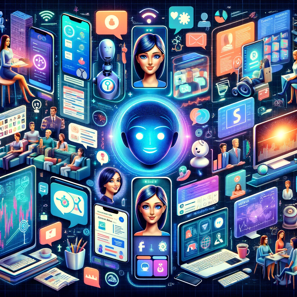 DALL·E 2024 01 18 19.57.27 An image representing different types of AI powered virtual assistants. The scene is divided into several sections each showcasing a unique type of a