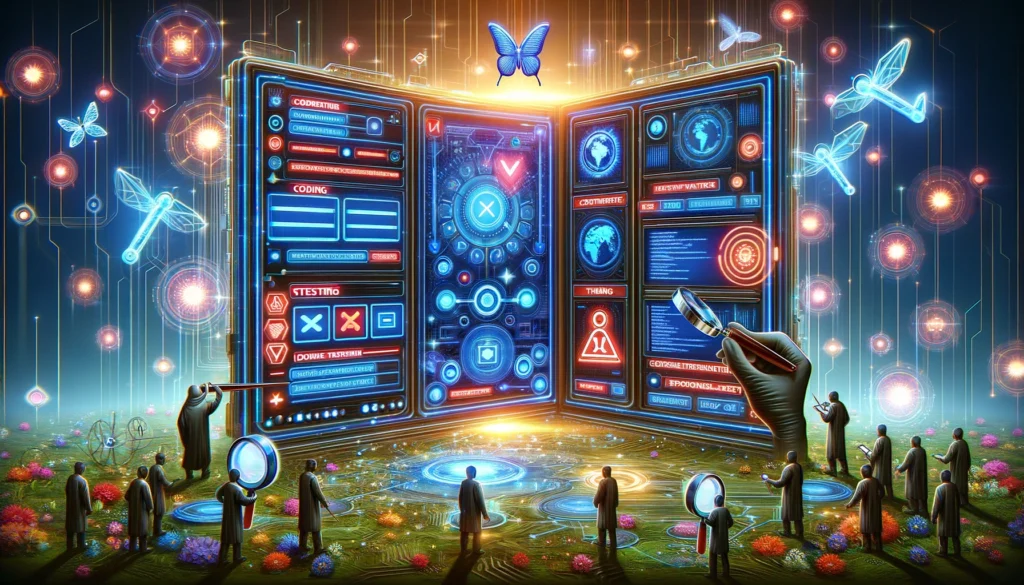 DALL·E 2024 03 29 00.27.59 A vibrant and detailed digital artwork representing quality assurance in software development. The image depicts a large futuristic control panel wit