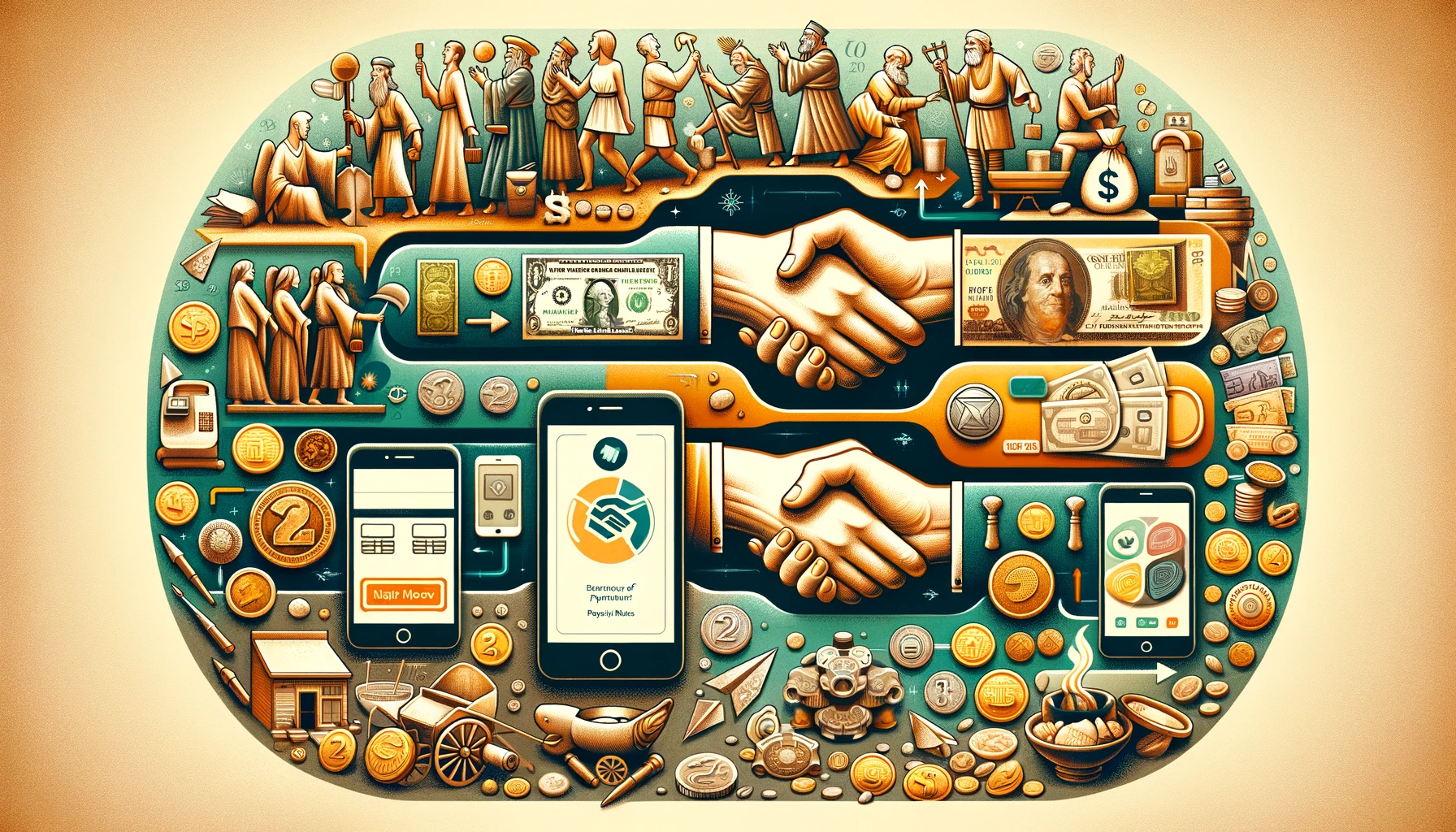 DALL·E 2024 03 07 15.50.49 An engaging and informative header image for a blog post titled The Evolution of Payment Systems From Bartering to Digital Wallets. The image shoul