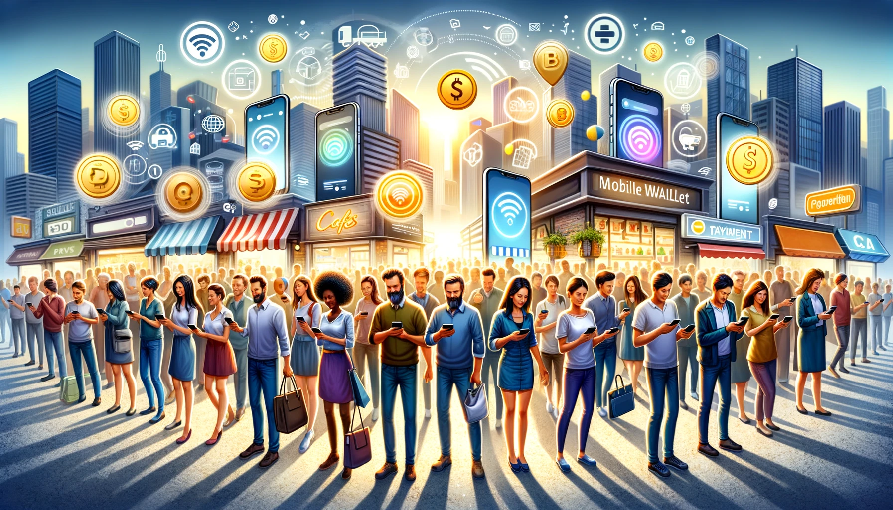 DALL·E 2024 03 07 16.20.17 An illustrated concept for a blog post titled Mobile Wallets Revolutionizing Payments on the Go. The image features a diverse group of people of di