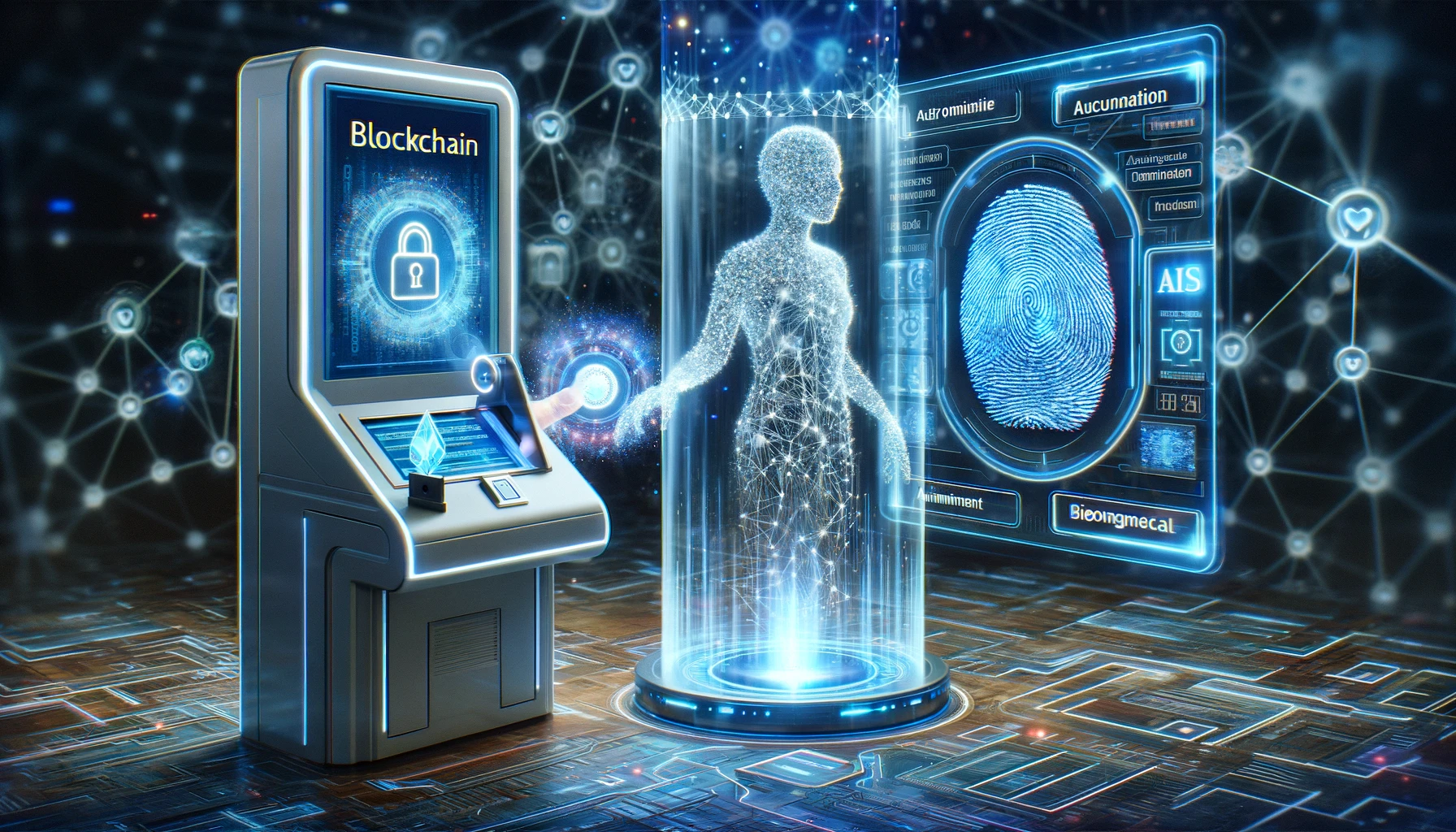 DALL·E 2024 03 07 16.29.44 An imaginative depiction of a futuristic payment system where Blockchain Artificial Intelligence AI and Biometrics seamlessly integrate. This scen