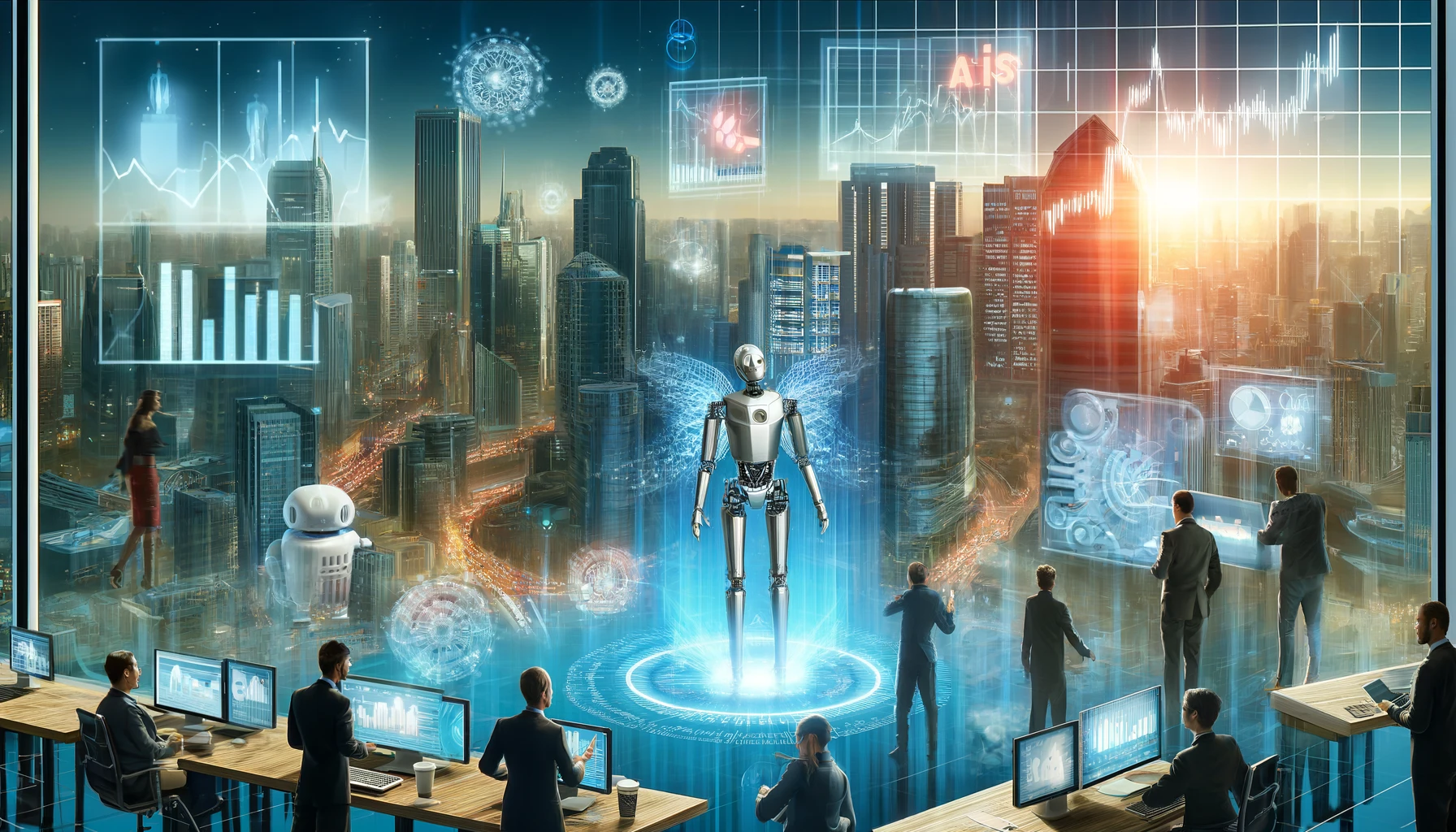 DALL·E 2024 04 24 11.41.56 A concept art illustrating the economic impact of artificial intelligence in the financial technology sector. The scene includes a modern bustling fi