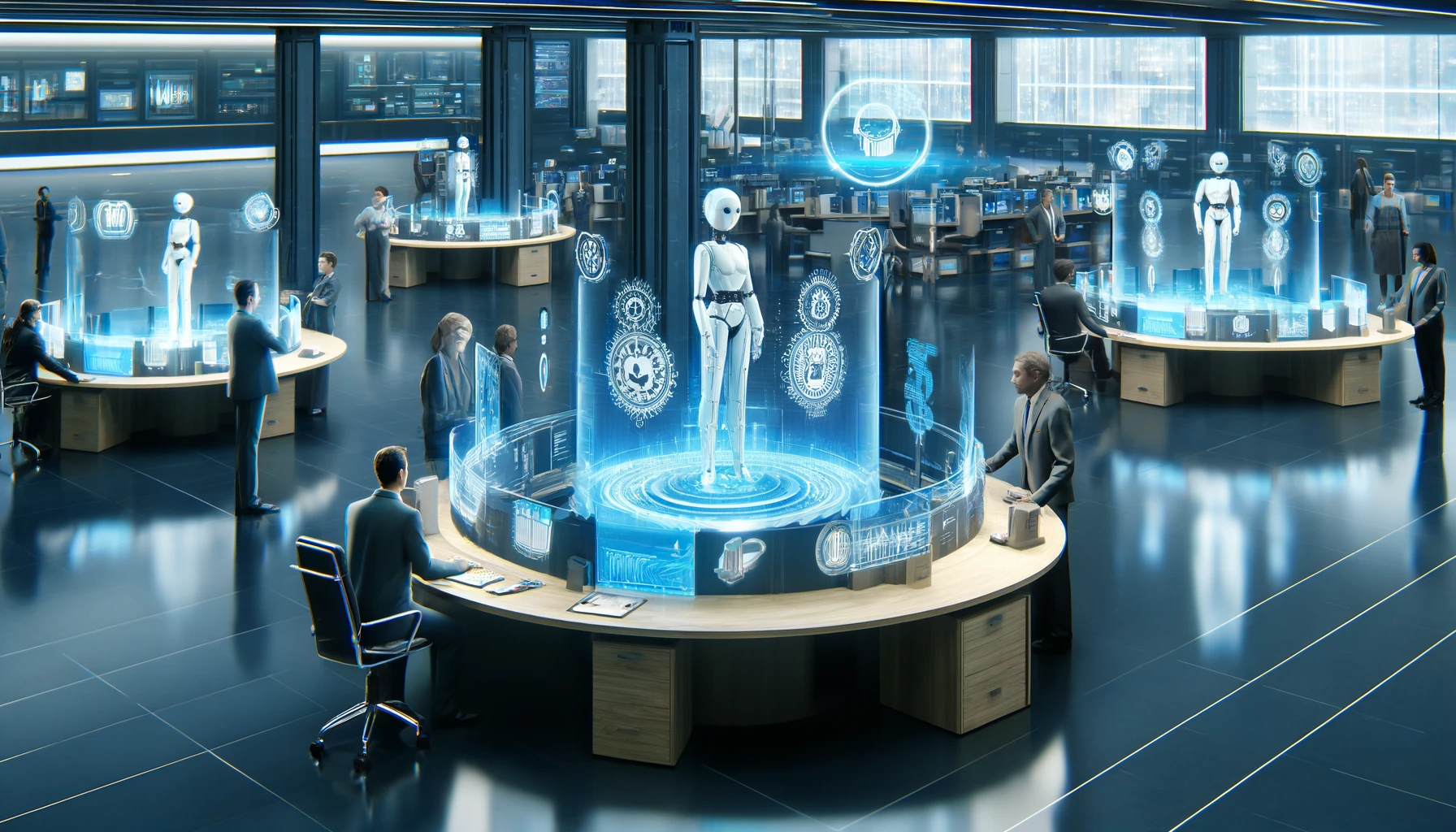 DALL·E 2024 04 24 11.43.33 A futuristic office scene illustrating Elevating Fintech Support Unleashing the Power of AI Chatbots and Virtual Assistants. The office is equipped